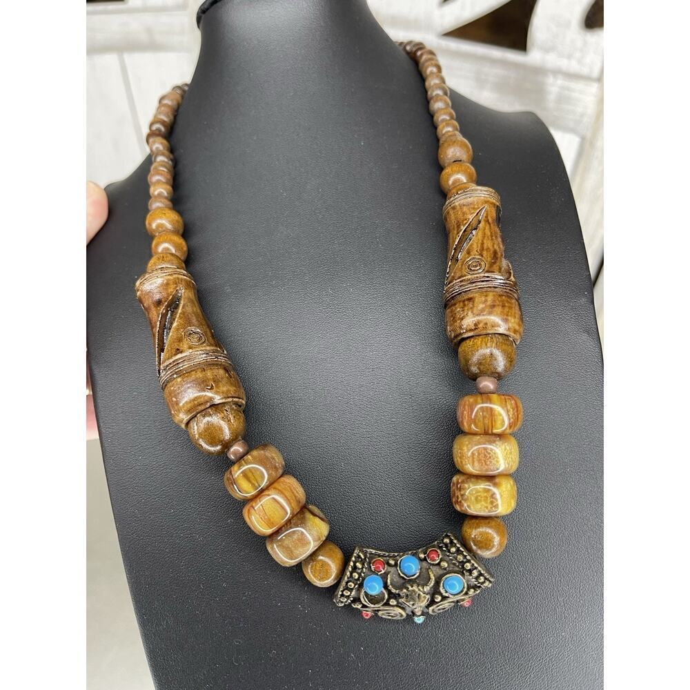 Vintage Wooden Hand Carved African Beaded Necklace Faux Turquoise